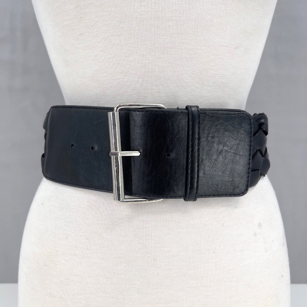 2b Bebe Womens S Wide Belt Black Faux Leather Braided Stretch Vintage Y2K